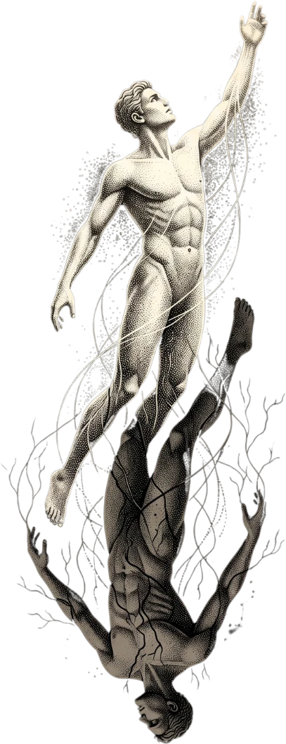 Ilustração simbólica de uma figura que se eleva enquanto sua imagem se reflete abaixo