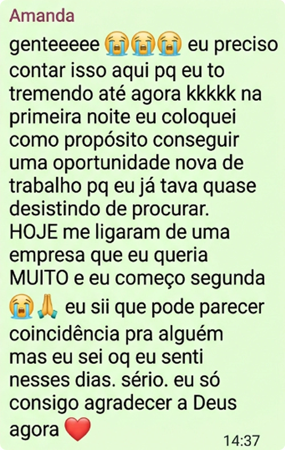 Mensagem enviada com um relato sobre uma oportunidade de trabalho